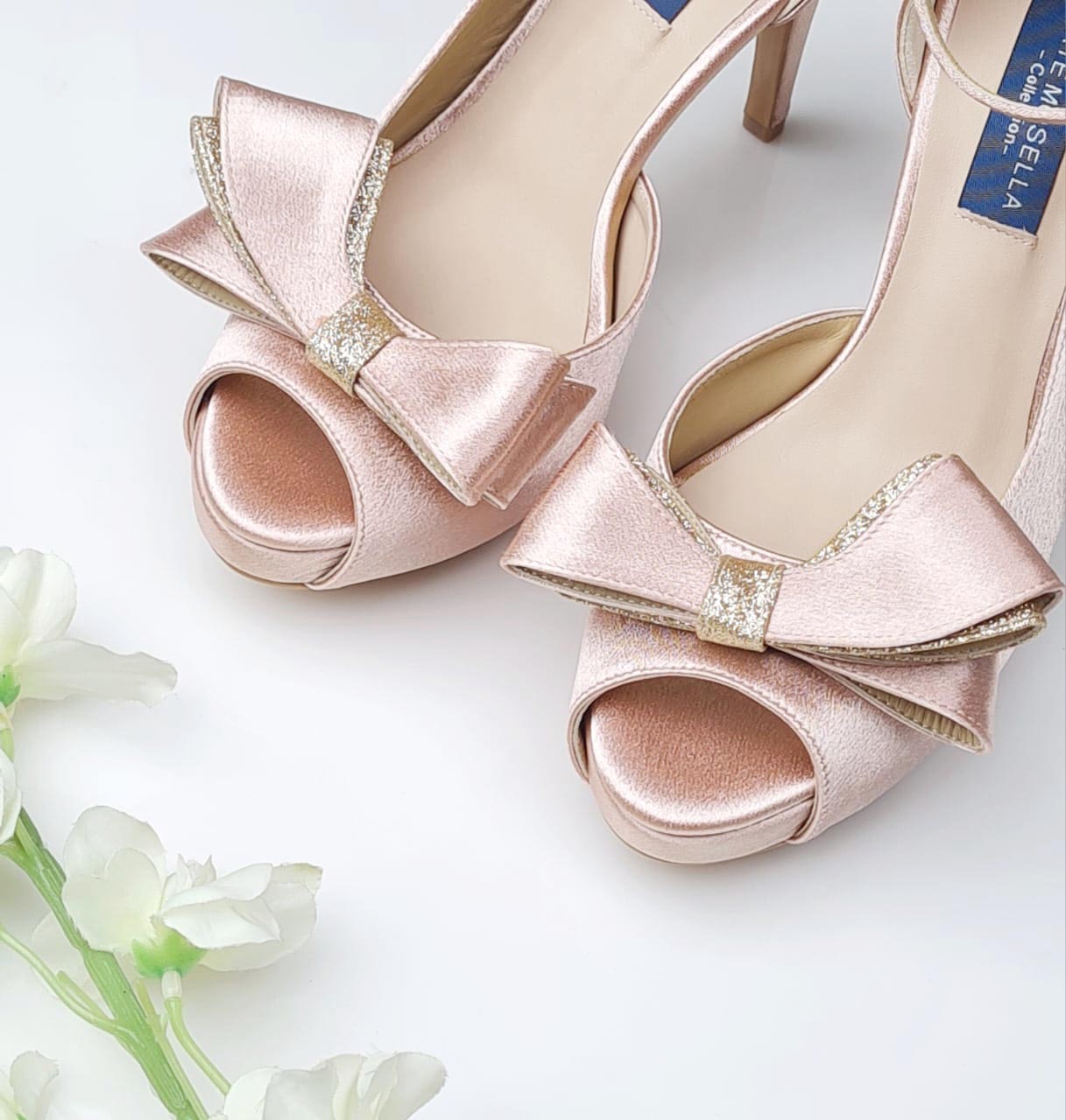 Brianna Nude Pink Satin With Bow Wedding Shoes (Ready Stock)