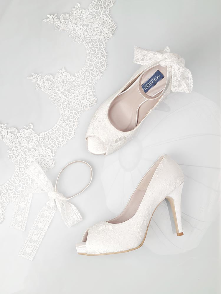Lillian Ivory White Satin With Lace Strap Wedding Shoes