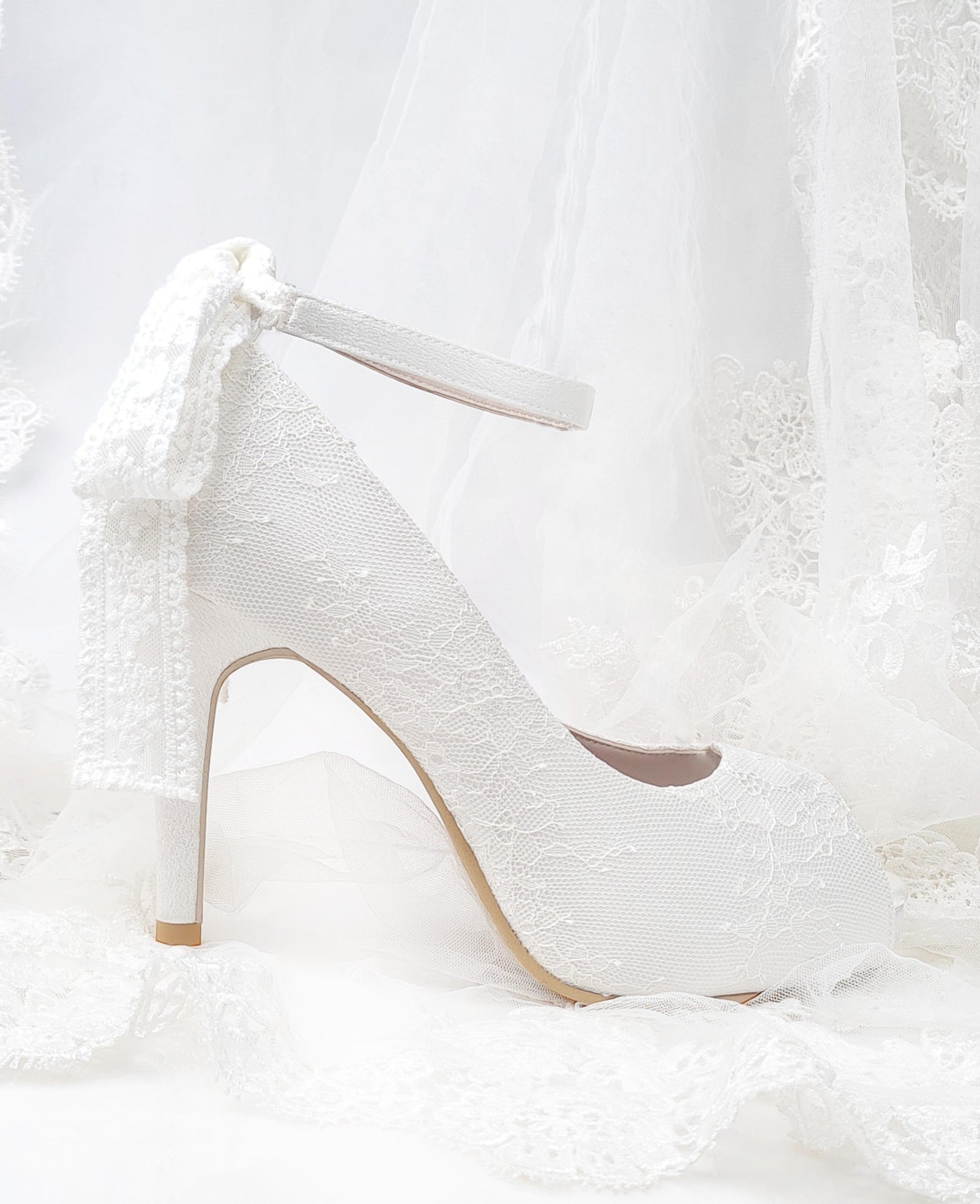 Lillian Ivory White Satin With Lace Strap Wedding Shoes