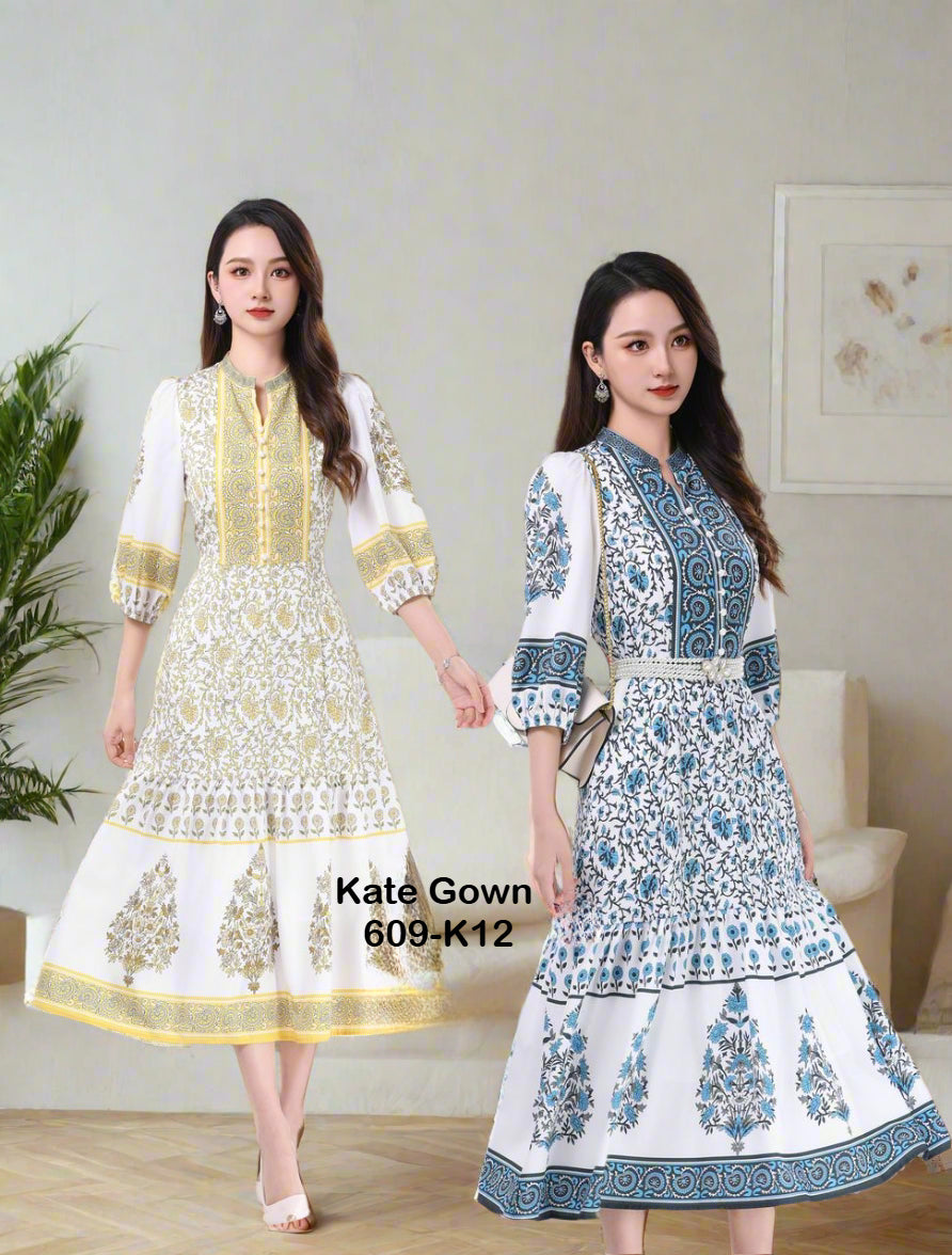 Sophisticated Bohemian Batik Mid-Sleeve Office Dress 609-K12 by Kate Gown