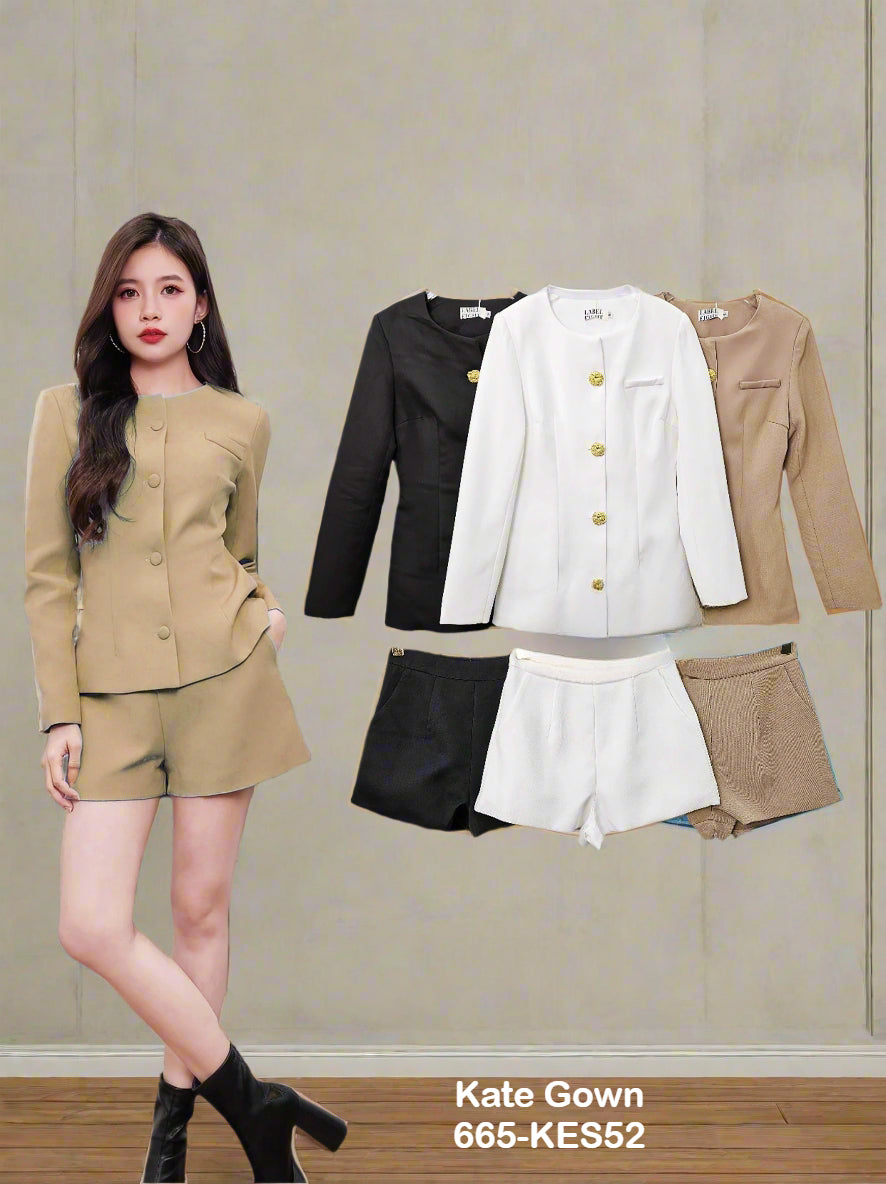 Chic Long Sleeve Gold Button Shorts Set 665-KES52 by Kate Gown
