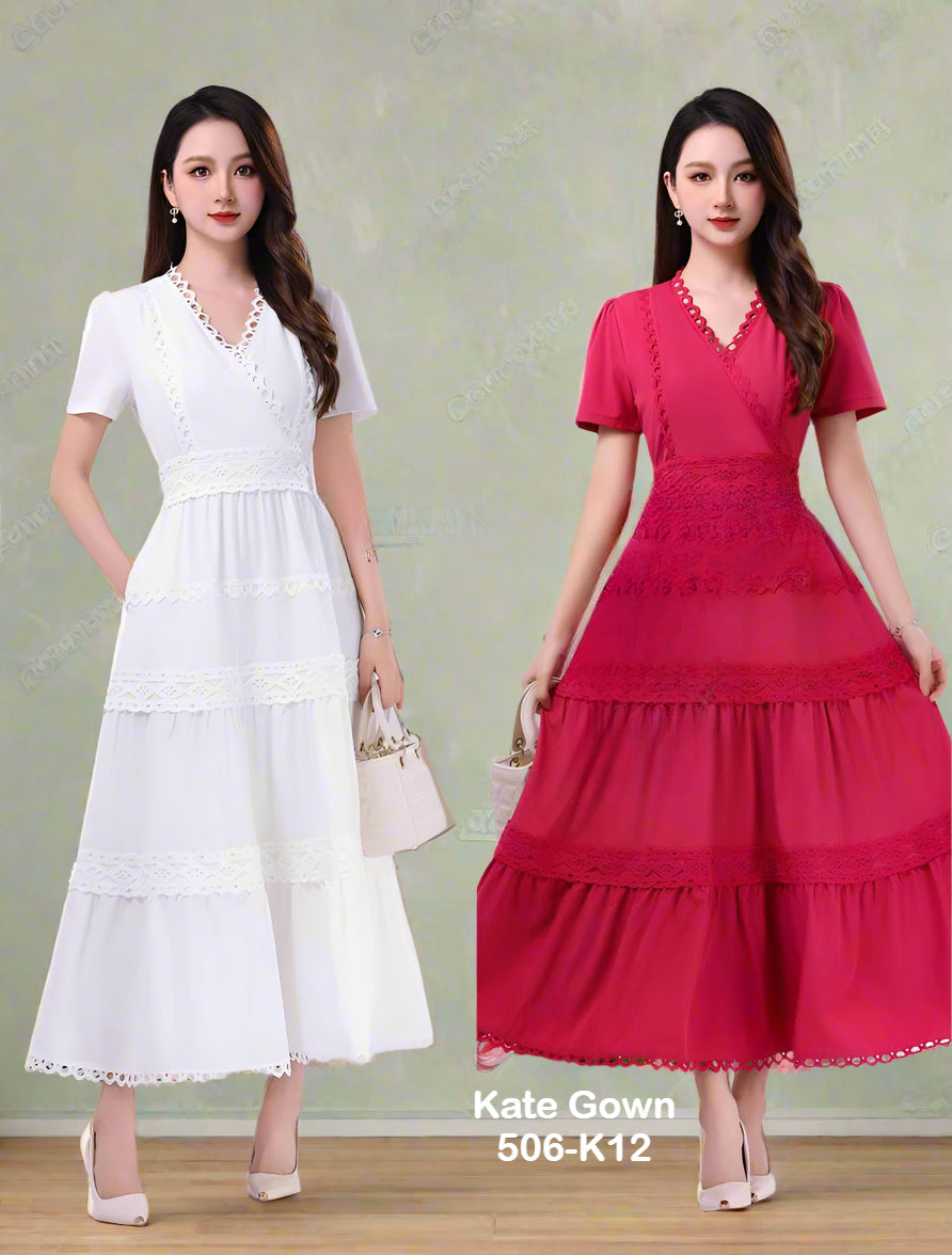 Elegant Lace Trim V-Neck Cotton Office Dress 506-K12 by Kate Gown