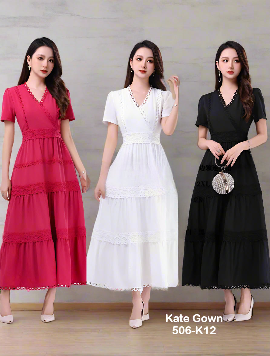 Elegant Lace Trim V-Neck Cotton Office Dress 506-K12 by Kate Gown