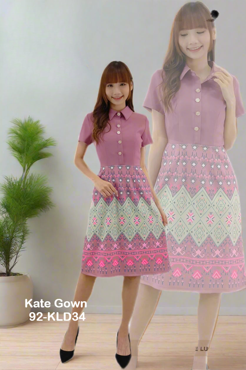 Sophisticated Collared V-Neck Batik Office Dress 92-KLD34 by Kate Gown