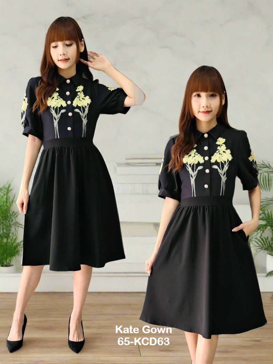 Elegant Hepburn-Style Floral Print Collared Dress 65-KCD63 by Kate Gown