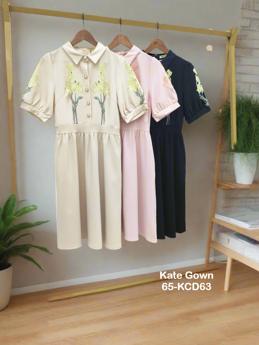 Elegant Hepburn-Style Floral Print Collared Dress 65-KCD63 by Kate Gown