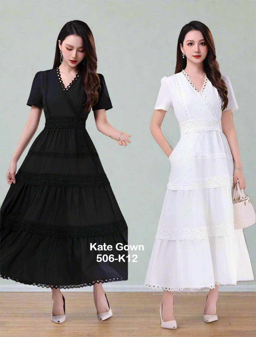 Elegant Lace Trim V-Neck Cotton Office Dress 506-K12 by Kate Gown