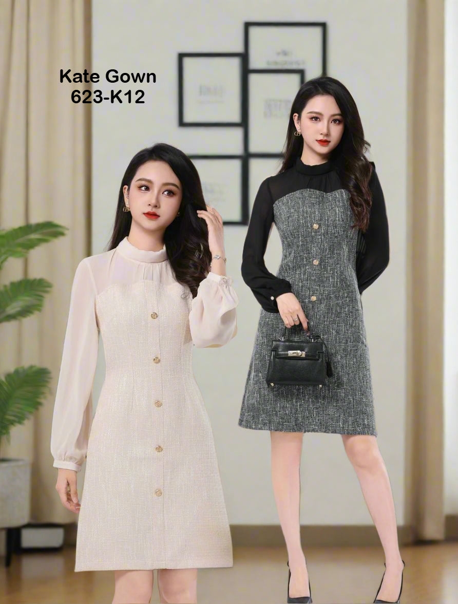 Long Sleeve Elegant Tweed OL Dress 623-K12 by Kate Gown