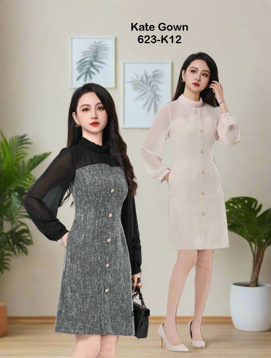Long Sleeve Elegant Tweed OL Dress 623-K12 by Kate Gown