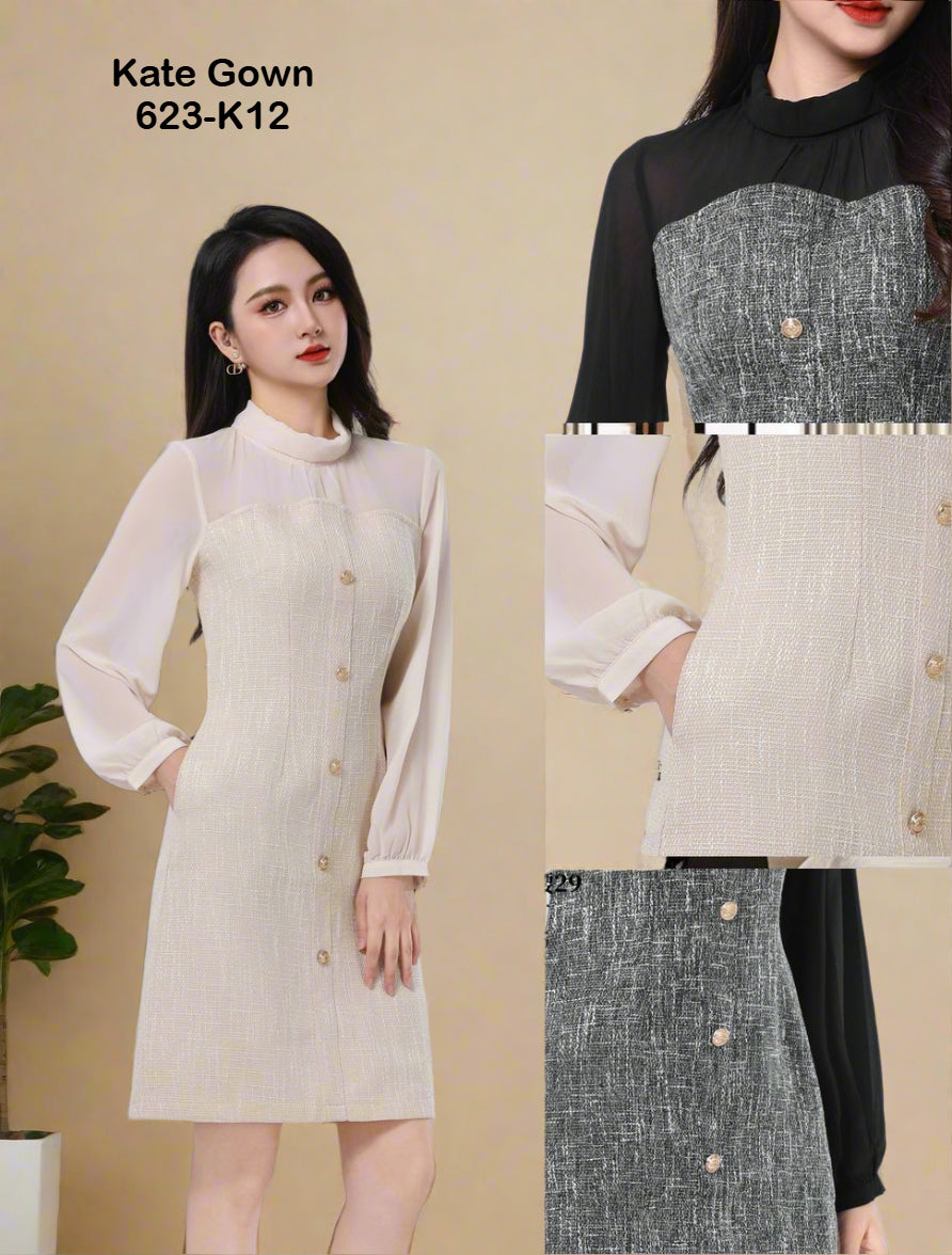 Long Sleeve Elegant Tweed OL Dress 623-K12 by Kate Gown