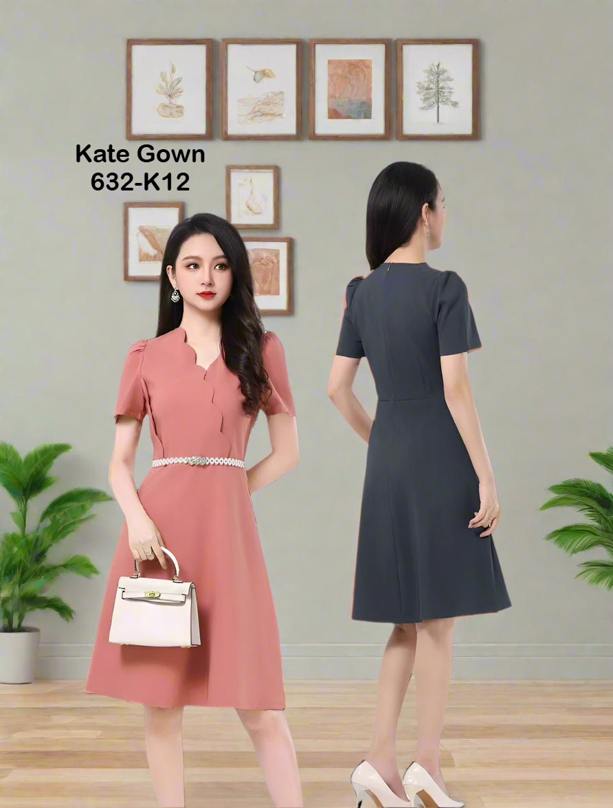 Chic wave-trimmed V-neck OL dress 632-K12 by Kate Gown