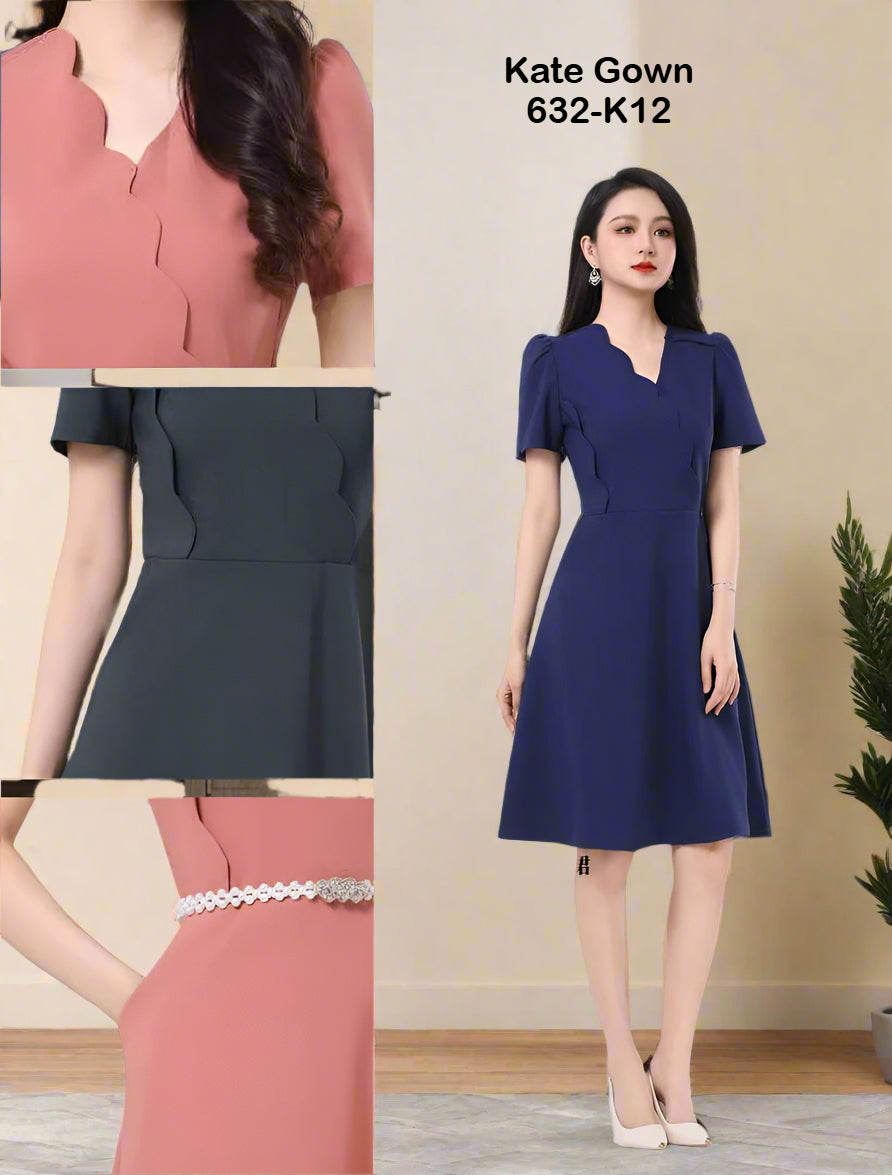 Chic wave-trimmed V-neck OL dress 632-K12 by Kate Gown