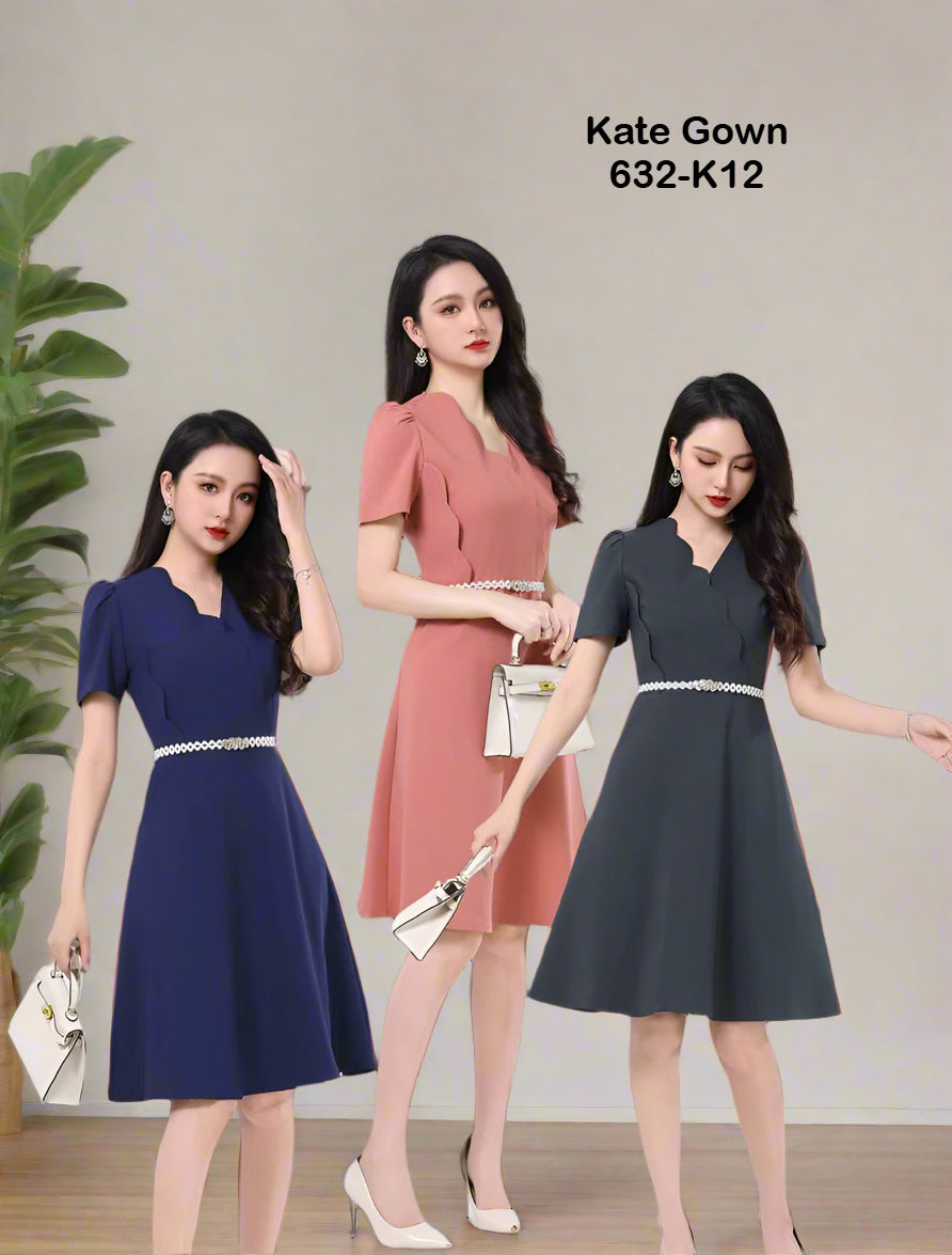 Chic wave-trimmed V-neck OL dress 632-K12 by Kate Gown