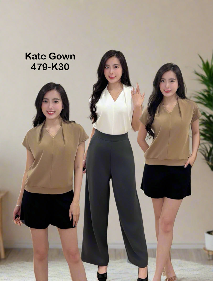 Pleated V Neck Ribbed Top 479-K30 by Kate Gown