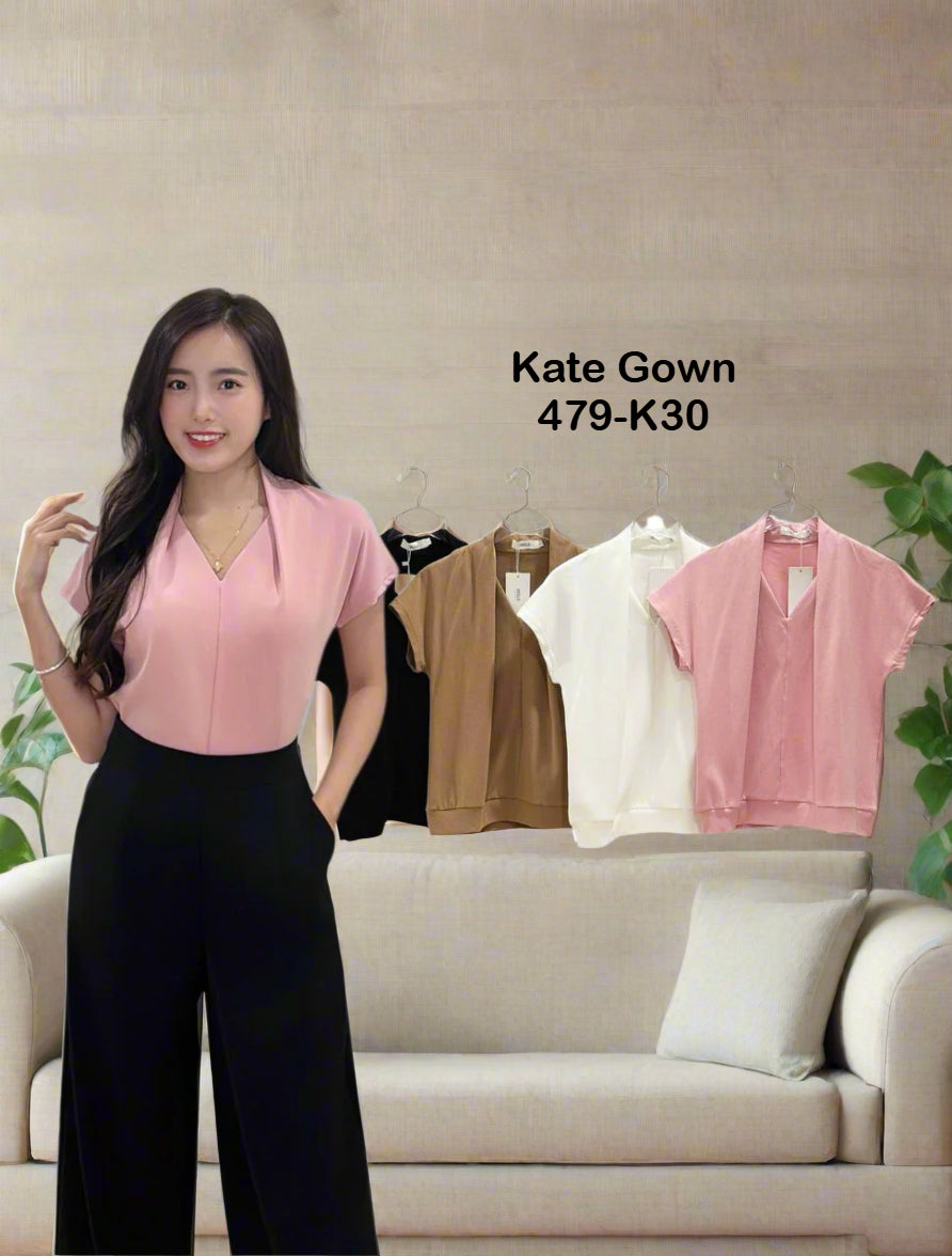 Pleated V Neck Ribbed Top 479-K30 by Kate Gown