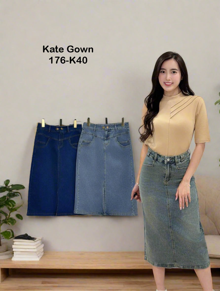 Stretch Denim Slit Midi Skort 176-K40 by Kate Gown