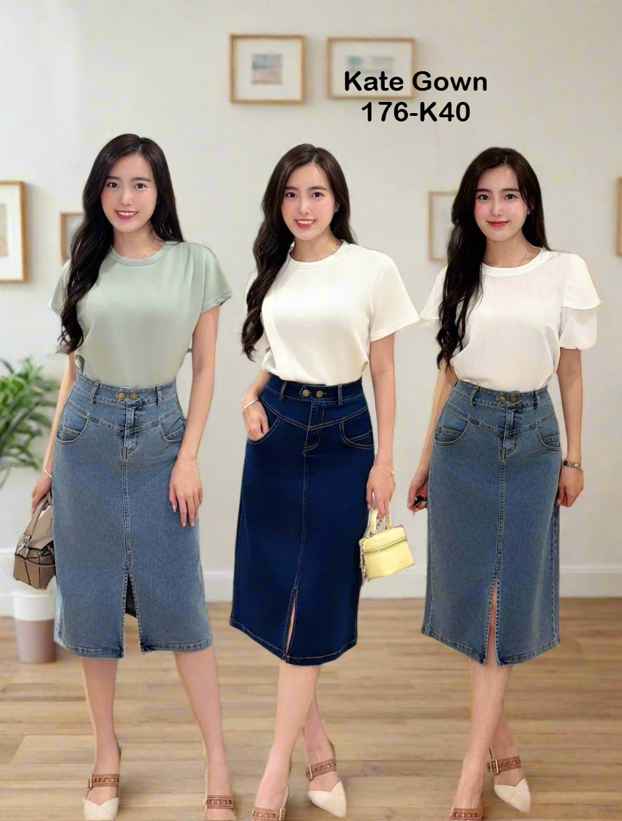 Stretch Denim Slit Midi Skort 176-K40 by Kate Gown