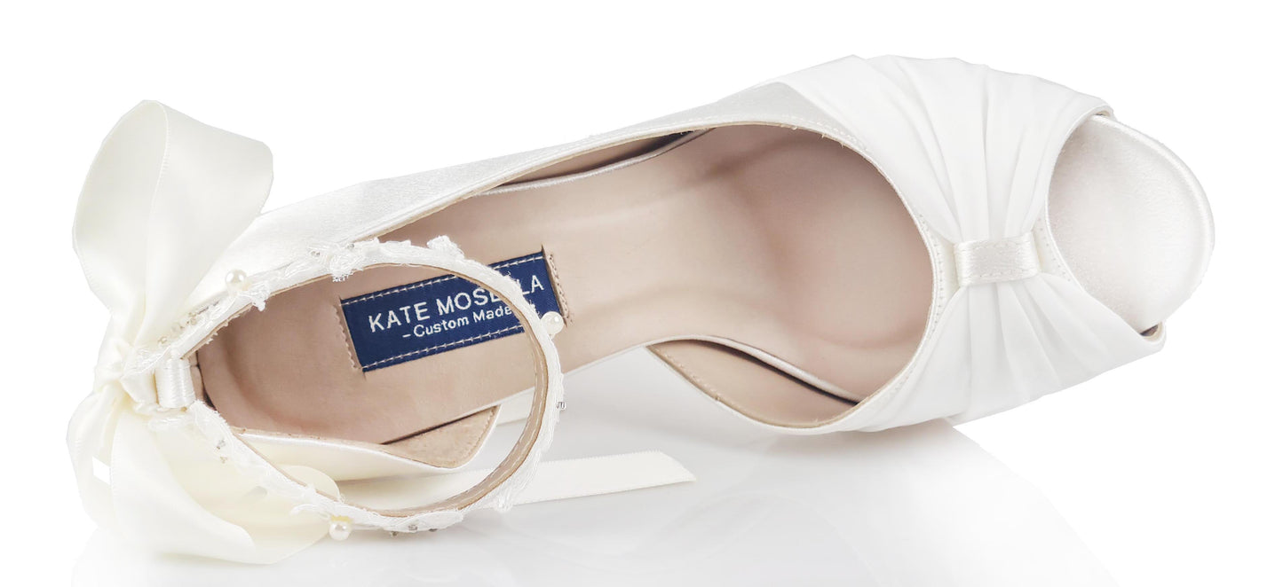 Adalee Ivory White Satin Chiffon With Lace Strap Wedding Shoes
