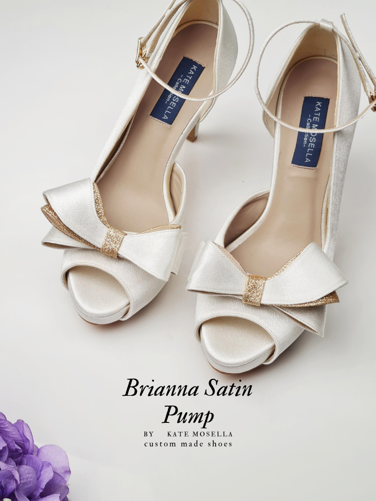 Brianna Ivory White Satin With Bow Wedding Shoes (Ready Stock)