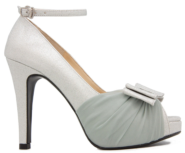 Abbie Silver Glitter With Bow & Chiffon Wedding Shoes