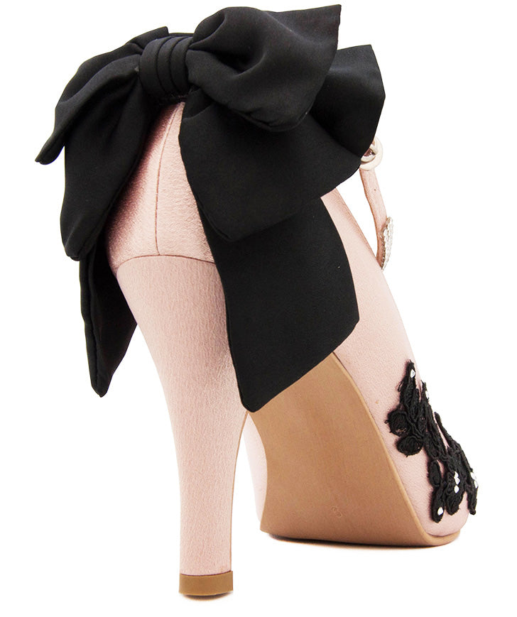 Isabel Nude Pink Satin With Black Bow And Lace Wedding Shoes
