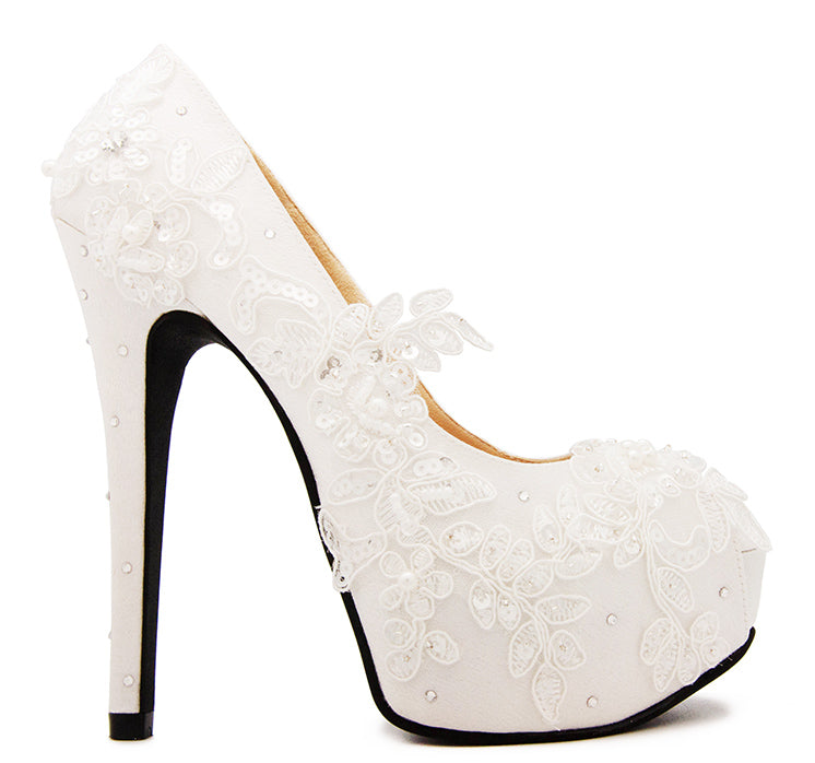 Elsa Ivory White Satin With Lace & Swarovski Rhinestone Wedding Shoes