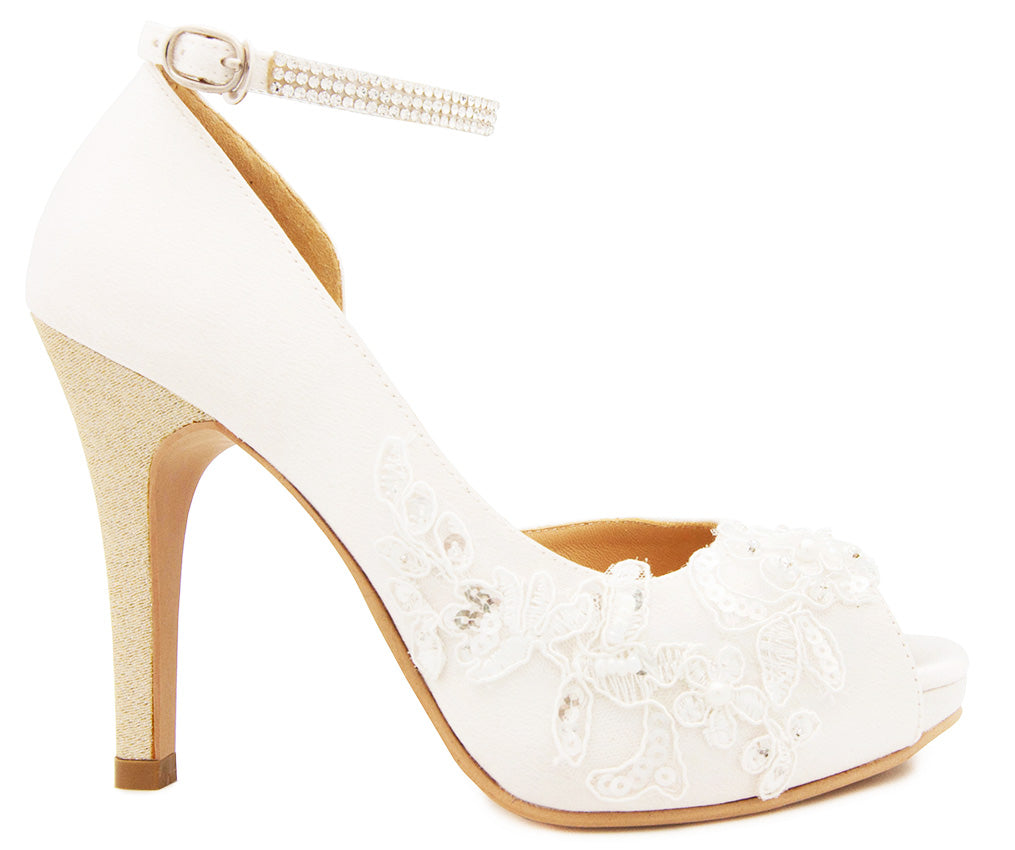 Jean Ivory White Satin With Lace & Diamante Wedding Shoes