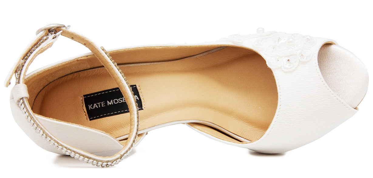 Jean Ivory White Satin With Lace & Diamante Wedding Shoes