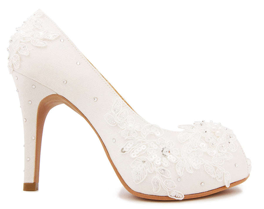 Kate Ivory White Satin With Lace & Swarovski Rhinestone Wedding Shoes