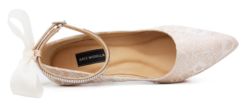 Lyna Rose Gold Glitter With White Lace & Diamante Wedding Shoes