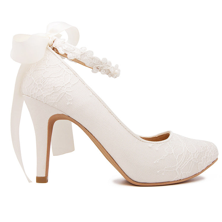 Carin Ivory White Satin Lace With Lace Ribbon Strap Wedding Shoes