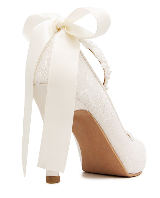 Carin Ivory White Satin Lace With Lace Ribbon Strap Wedding Shoes