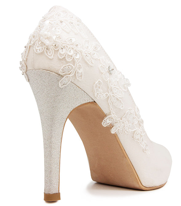 Valencia Ivory White Satin With White Lace Wedding Shoes