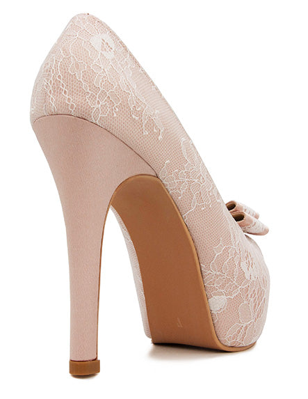 Elsie Nude Pink Satin With White Lace Wedding Shoes