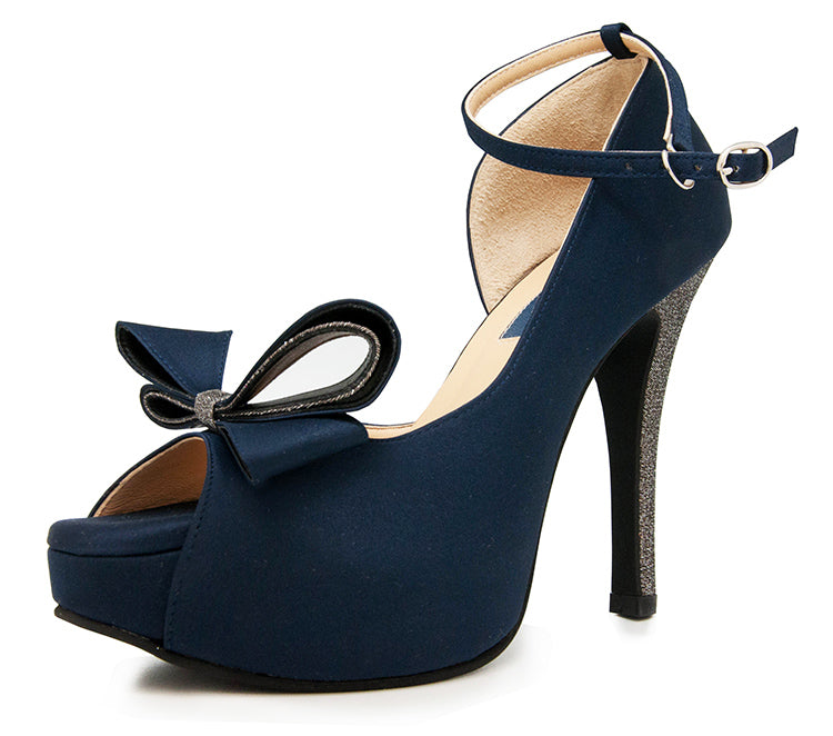 Brianna Navy Blue Silk With Bow Dinner Shoes