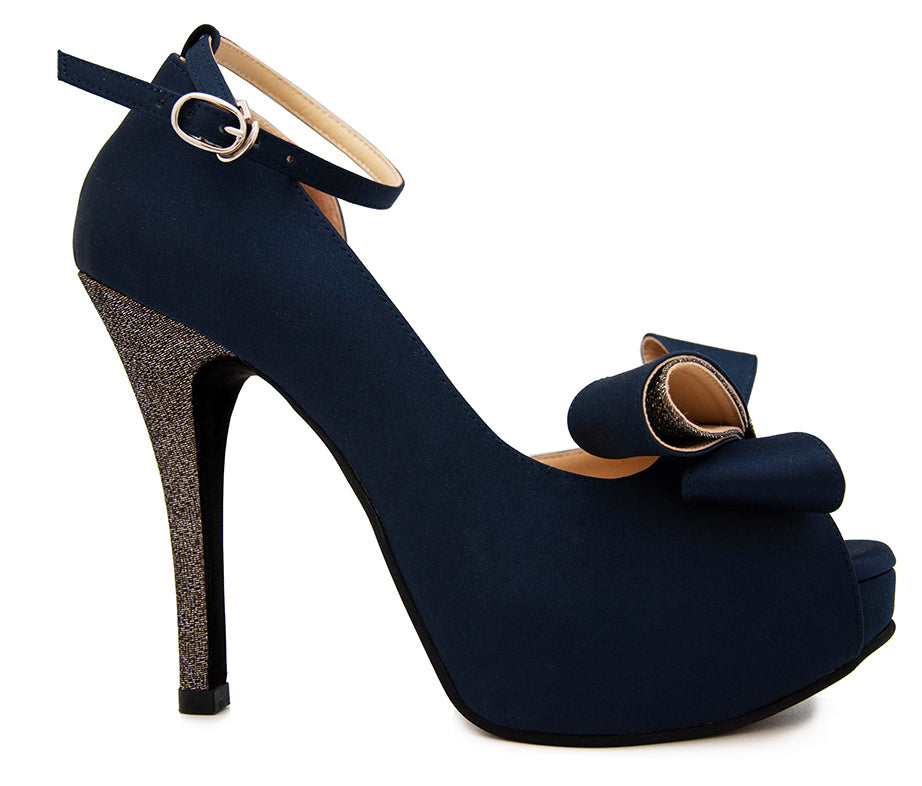 Brianna Navy Blue Silk With Bow Dinner Shoes