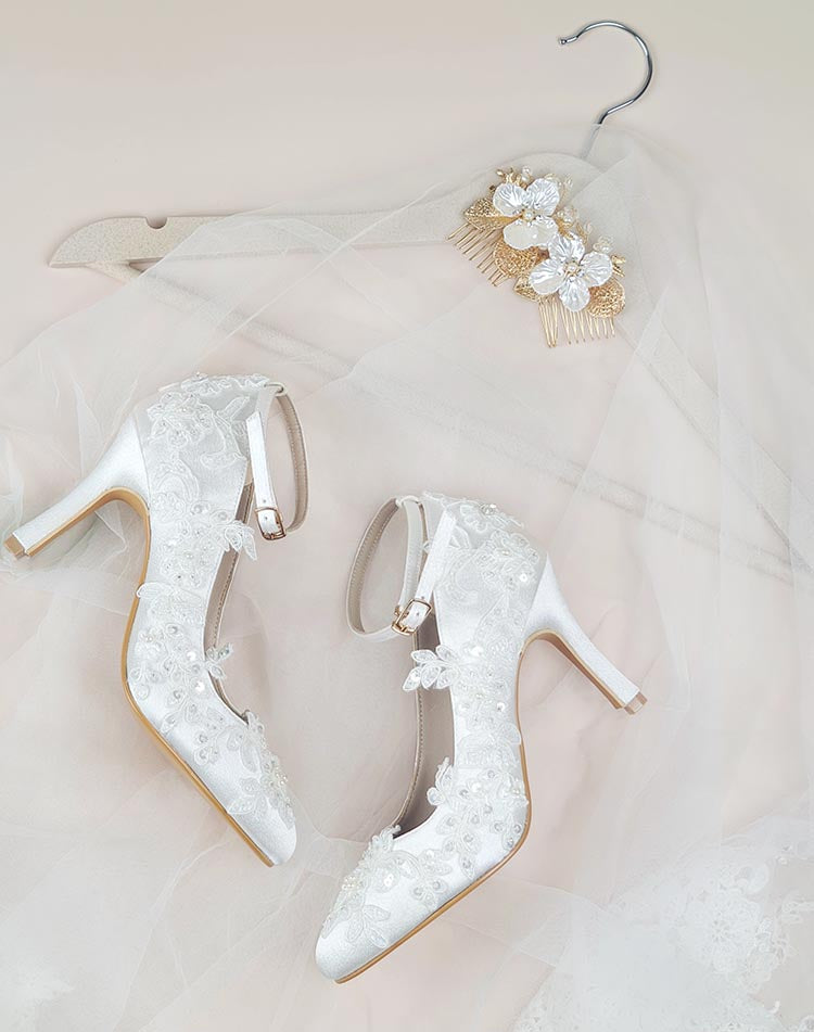 Elsa Ivory White Satin With White Lace Wedding Shoes