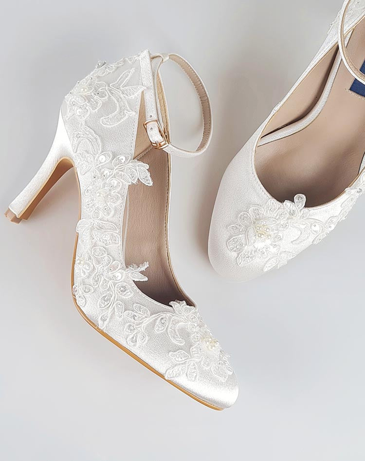Elsa Ivory White Satin With White Lace Wedding Shoes