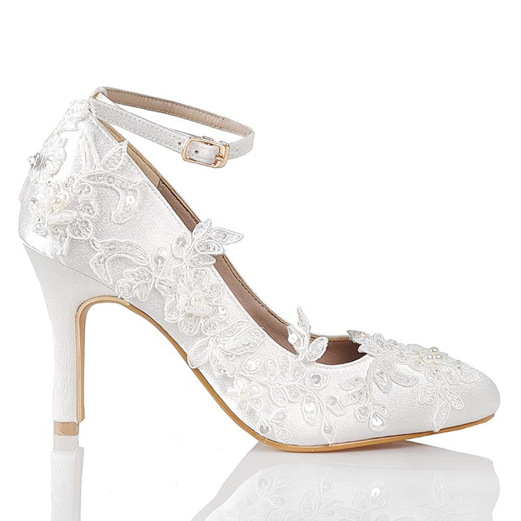 Elsa Ivory White Satin With White Lace Wedding Shoes