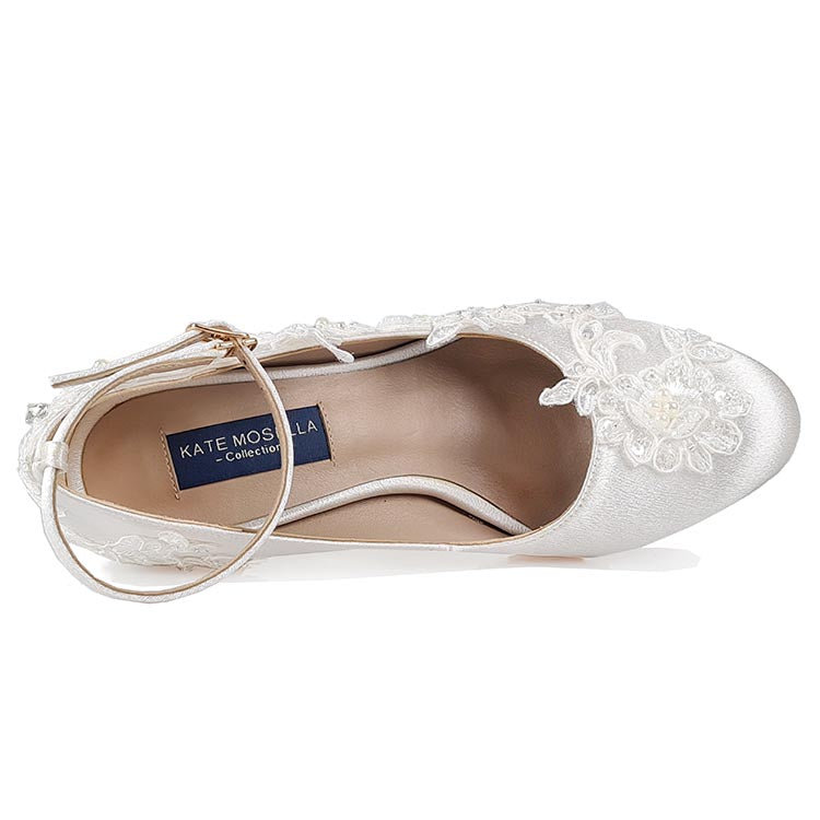 Elsa Ivory White Satin With White Lace Wedding Shoes