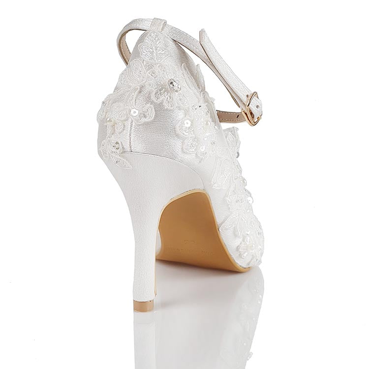 Elsa Ivory White Satin With White Lace Wedding Shoes