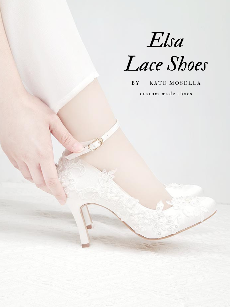 Elsa Ivory White Satin With White Lace Wedding Shoes