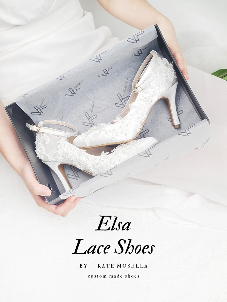 Elsa Ivory White Satin With White Lace Wedding Shoes