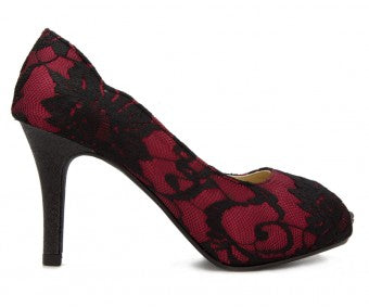 Marisa Maroon Satin With Black Lace Shoes