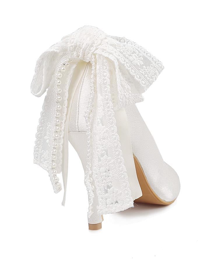 Isabella Ivory White Satin With Lace Bow Wedding Shoes