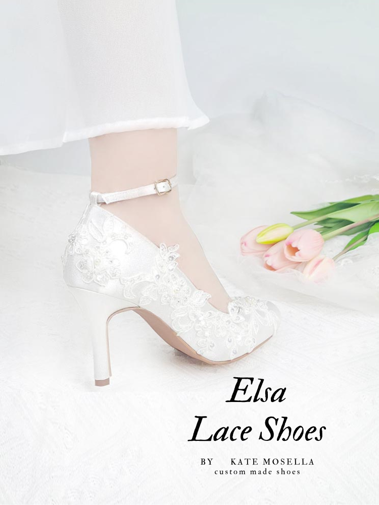 Elsa Ivory White Satin With White Lace Wedding Shoes