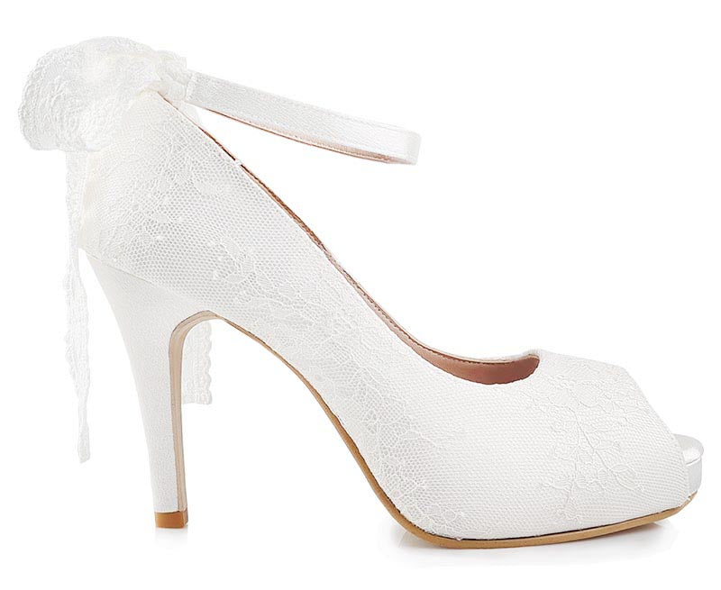 Lillian Ivory White Satin With Lace Strap Wedding Shoes
