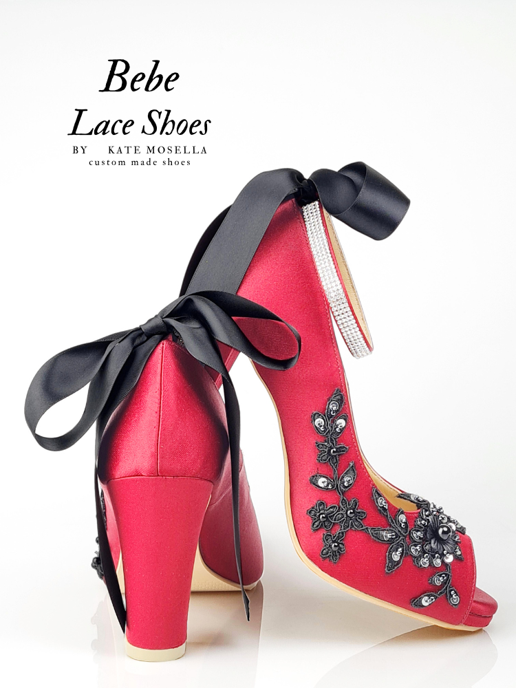 Bebe Wine Red With Black Lace & Diamante Wedding Shoes