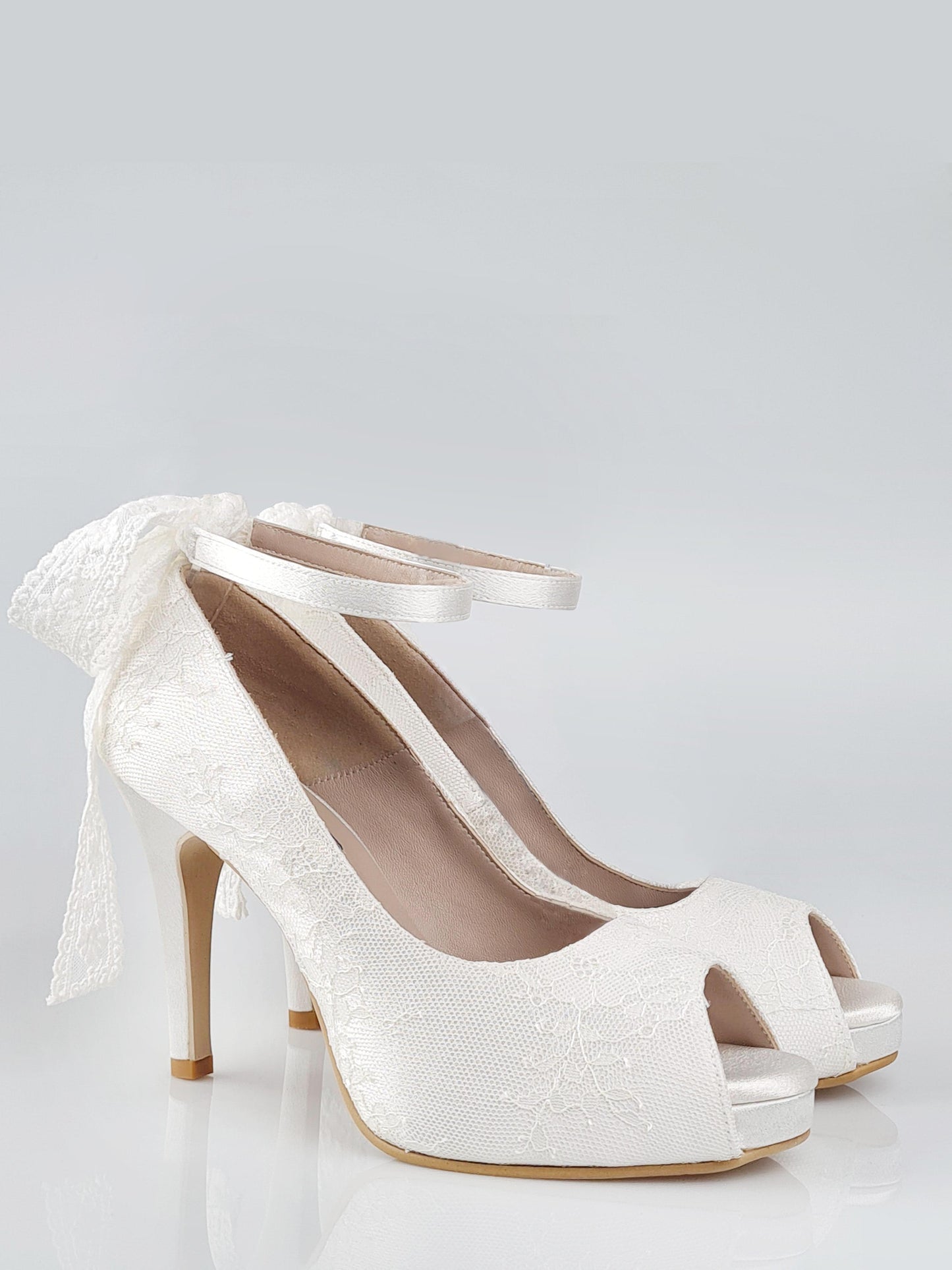 Lillian Ivory White Satin With Lace Strap Wedding Shoes