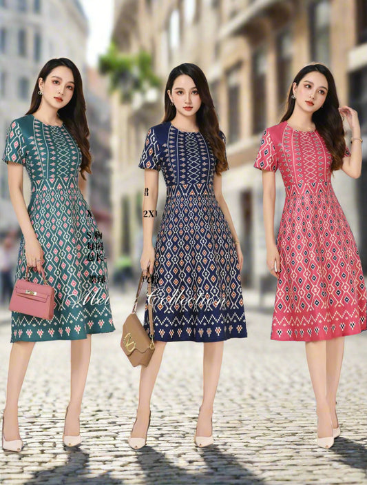Stylish Round-Neck Batik Print OL Dress 314-K12 by Kate Gown